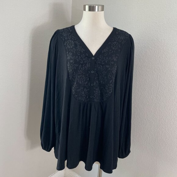 Torrid Plus 3X Black Textured Jersey V Neck Embroidered Long Sleeve Top Shirt - Picture 1 of 9